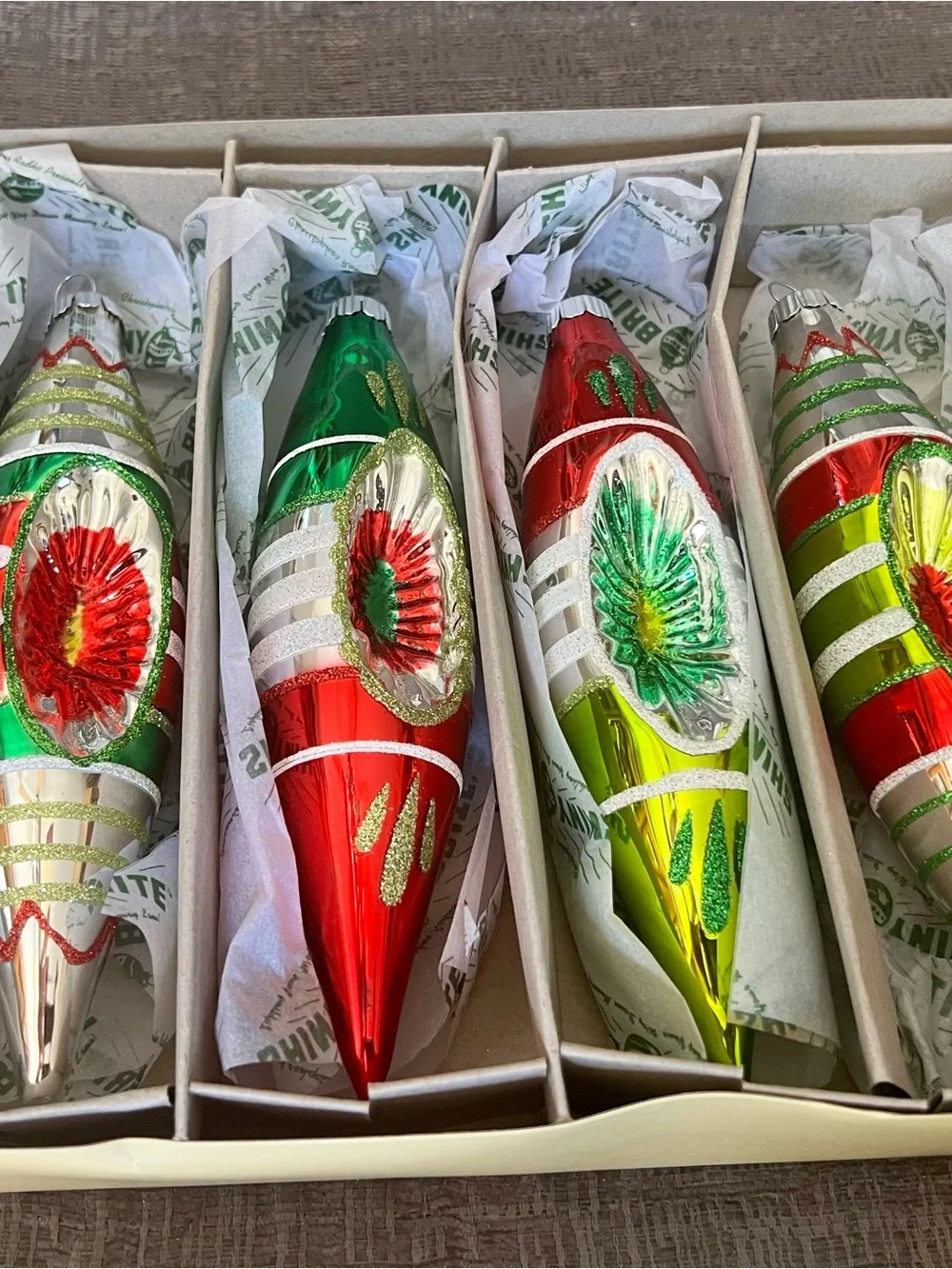 Christopher Radko Red and Green Vintage design ornaments. Lot of 4 boxes